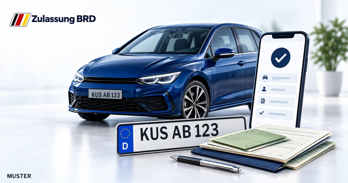 Online Fahrzeugzulassung in Landkreis Kusel: Musterkennzeichen KUS AB 123, Auto und Fahrzeugpapiere und Smartphone. Illustration mit Logo von Zulassung BRD.